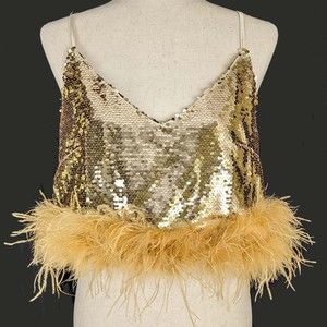12th Tribe Women's LG Gold Sequined Feather Spaghetti Strap Crop *Era’s Tour*